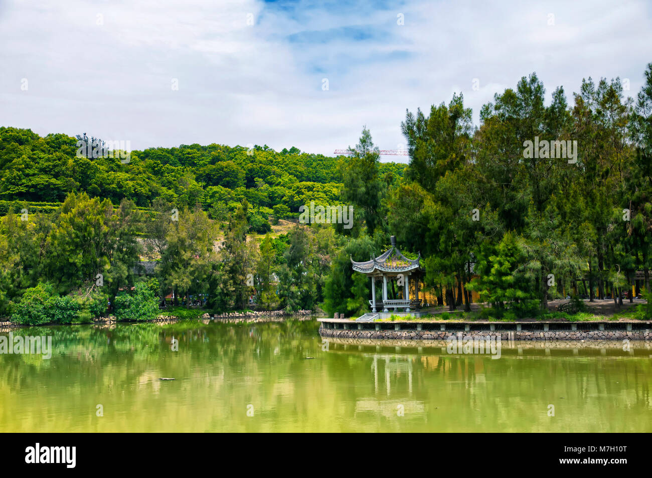 Einen kleinen chinesischen Pavillon auf einem grünen Teich auf der Insel Putuoshan in der Provinz Zhejiang China. Stockfoto
