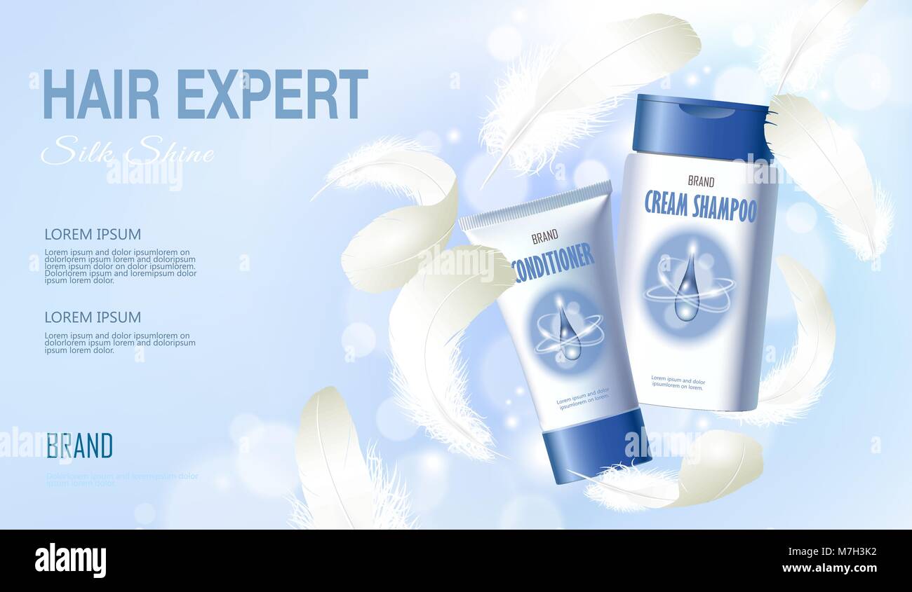 Realistische Haar Shampoo Conditioner. Tube container Kosmetische hellen Hintergrund blau sonniger Frühling weiße Feder. 3d Vorlage mock up Branding kosmetische Pflege Produkt Vector Illustration Stock Vektor