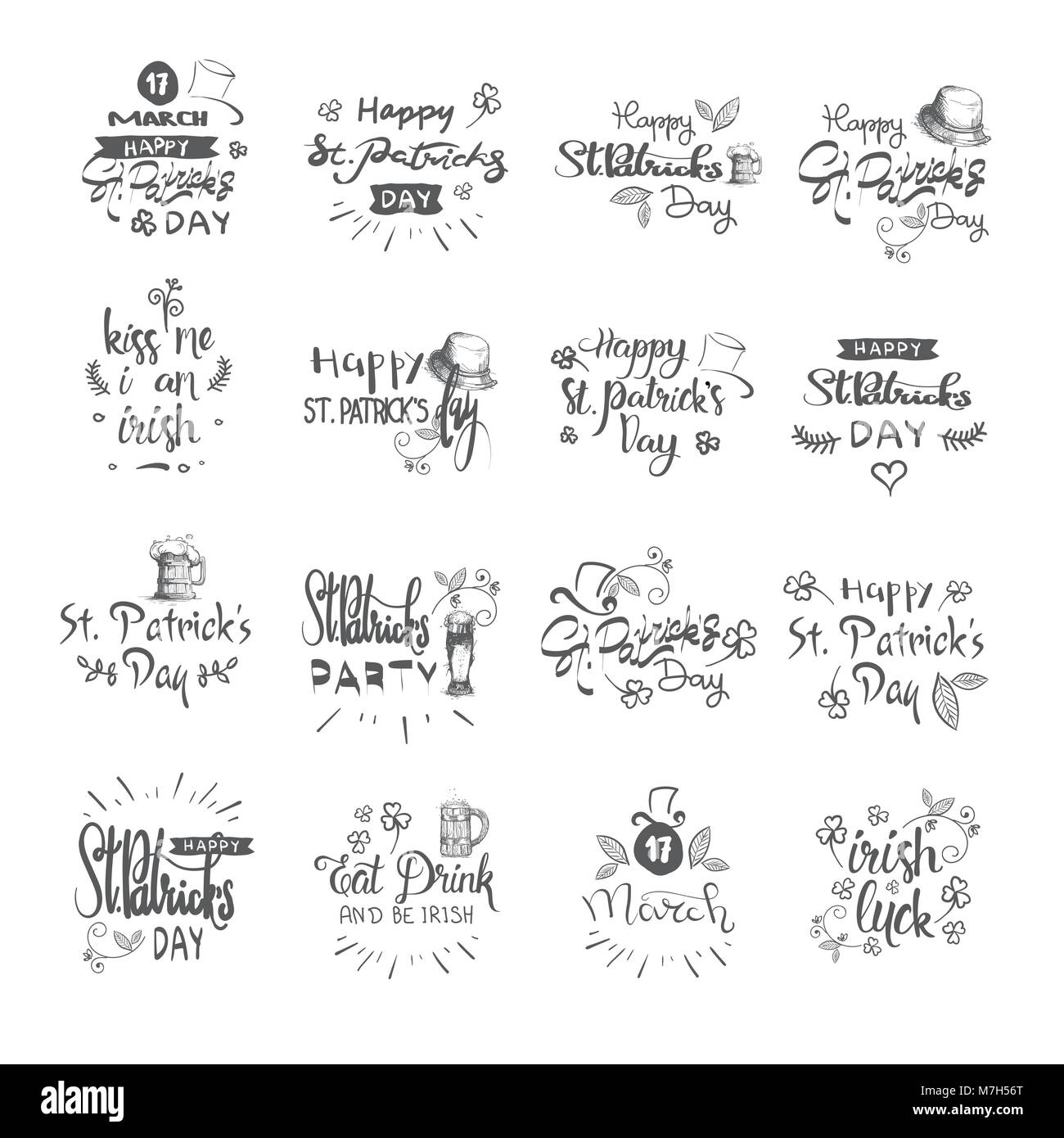 Happy St Patrick's Day Kalligraphie Satz, Hand Zeichnung irische Feier Schrift Typografie Icons Stock Vektor