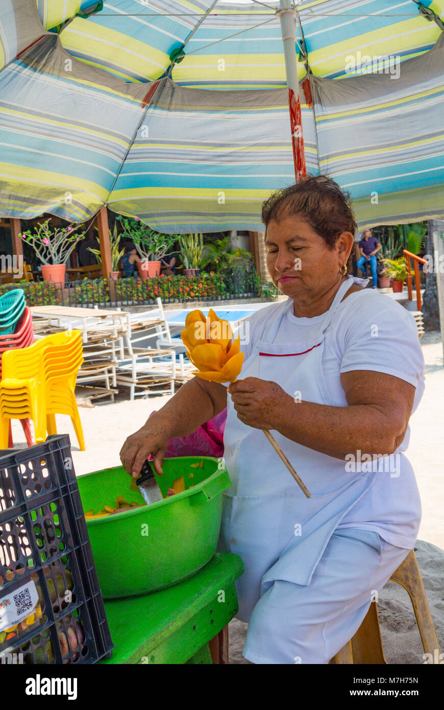 Puerto Vallarta, Jalisco, Eine ältere mexikanerin, die eine Mango zubereitet. Nur Editorial. Stockfoto