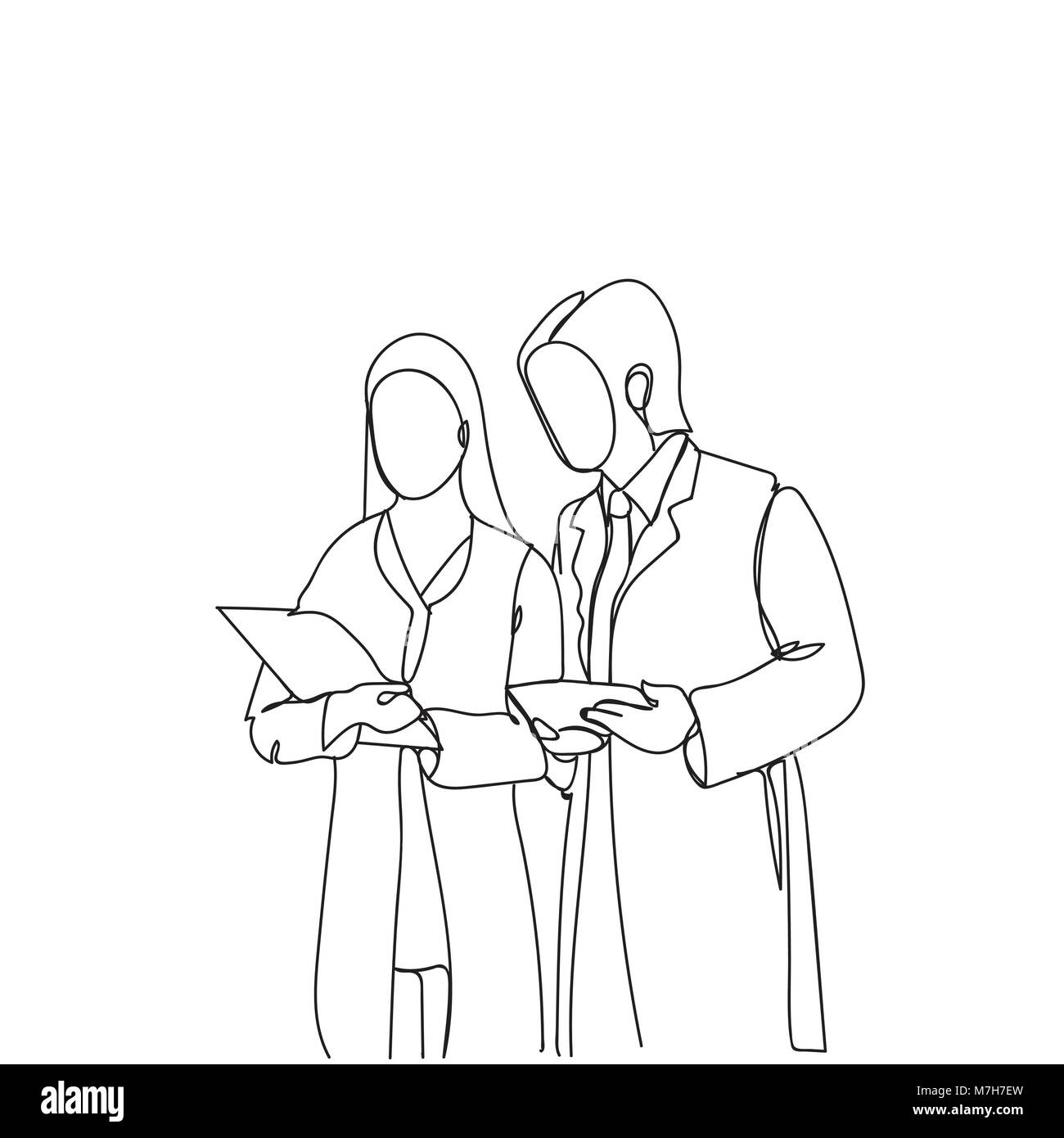 Silhouette Mann und Frau Wissenschaftler in weißen Kitteln lesen Dokumentenanalyse Doodle Forscher Stock Vektor