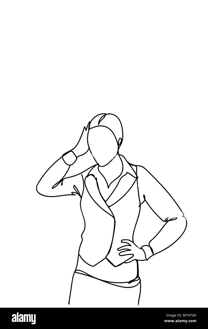 Doodle frustriert Business Woman Holding Kopf Stress oder Kopfschmerzen Konzept Stock Vektor