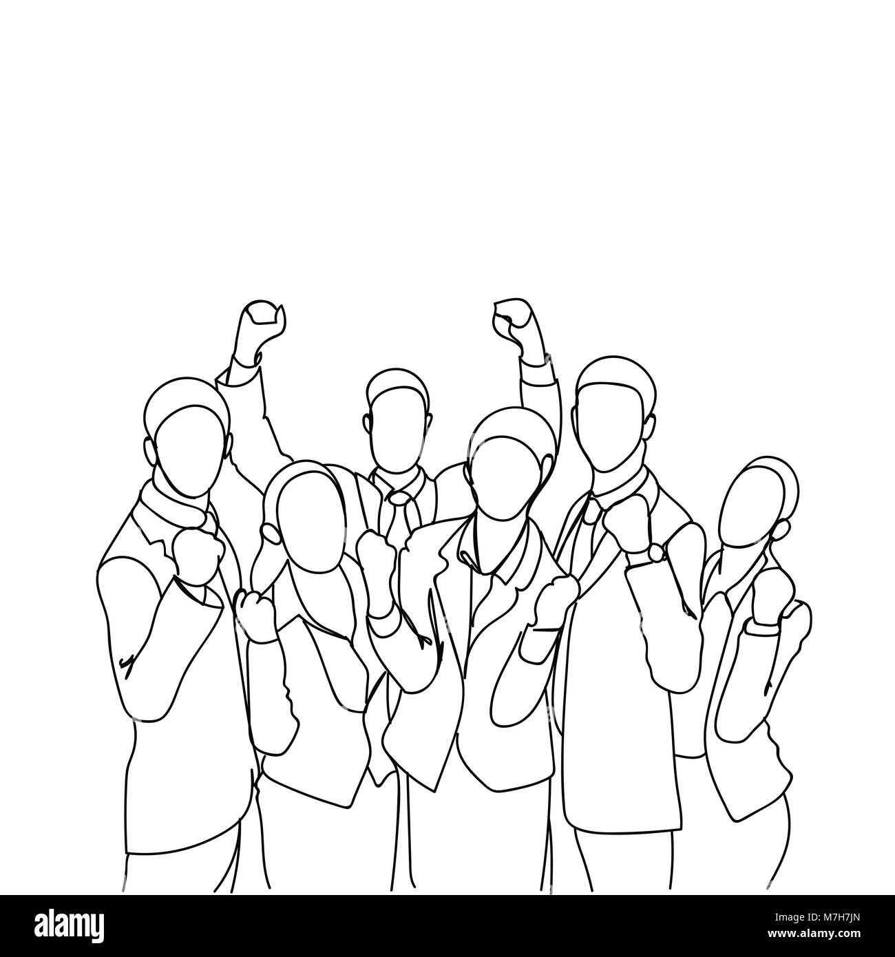 Fröhliche Gruppe von Geschäftsleuten mit erhobenen Händen glücklich Erfolgreiches Team Doodle Silhouetten Stock Vektor
