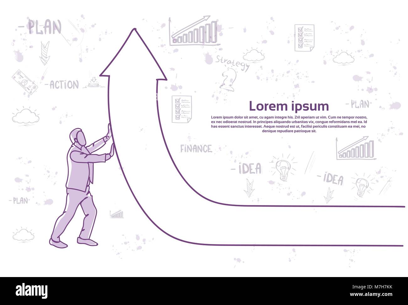 Doodle Business Mann durch Drücken der Scrolltaste mit Pfeil nach oben Finanzen Wachstum und Erfolg Konzept Stock Vektor