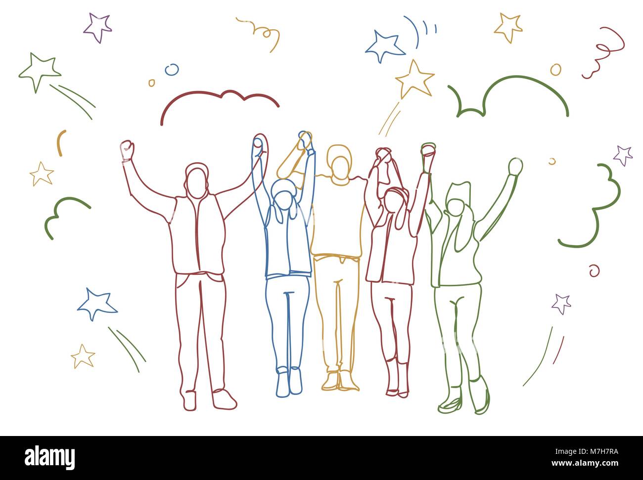 Erfolgreiche Gruppe von Menschen mit erhobenen Händen Happy Business Team bunte Doodle Silhouetten Stock Vektor