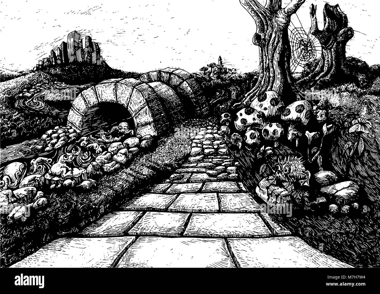 Der Weg nach Nirgendwo. Eine fantasy Märchen Art schwarz-weiß illustration depciting eine Straße, die zu einer Brücke mit Pilzen und Bäume Stock Vektor