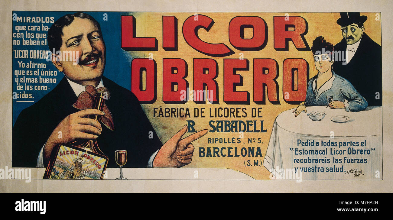 Magen Licor Obrero. Alte Werbung Poster von M. Vallvé, 1916, für die Spirituosen Fabrik der B. in Sabadell. Barcelona, Katalonien, Spanien. Stockfoto