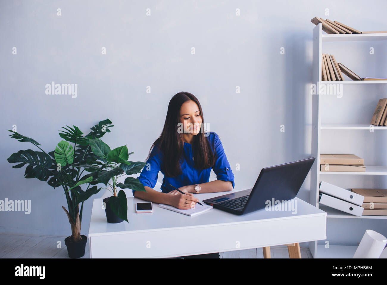Selbstbewussten jungen Frau, die ihr Geschäft Arbeitstag Planung, Hinweis im Tagebuch schreiben, beim Sitzen an Ihrem Arbeitsplatz im Büro Stockfoto