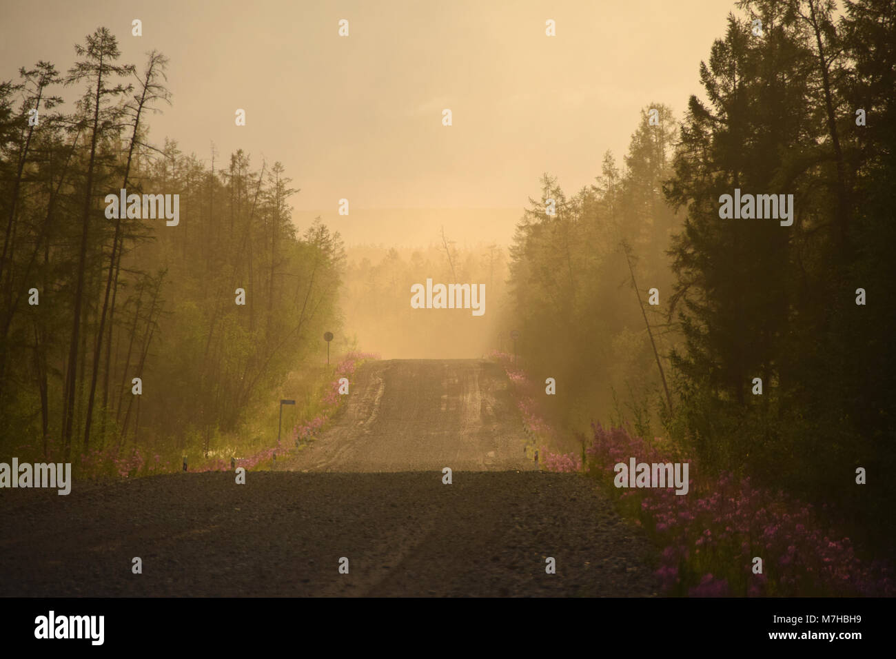 Die kolyma Highway approching den Fluss Aldan westlich der Stadt Khandyga. Stockfoto