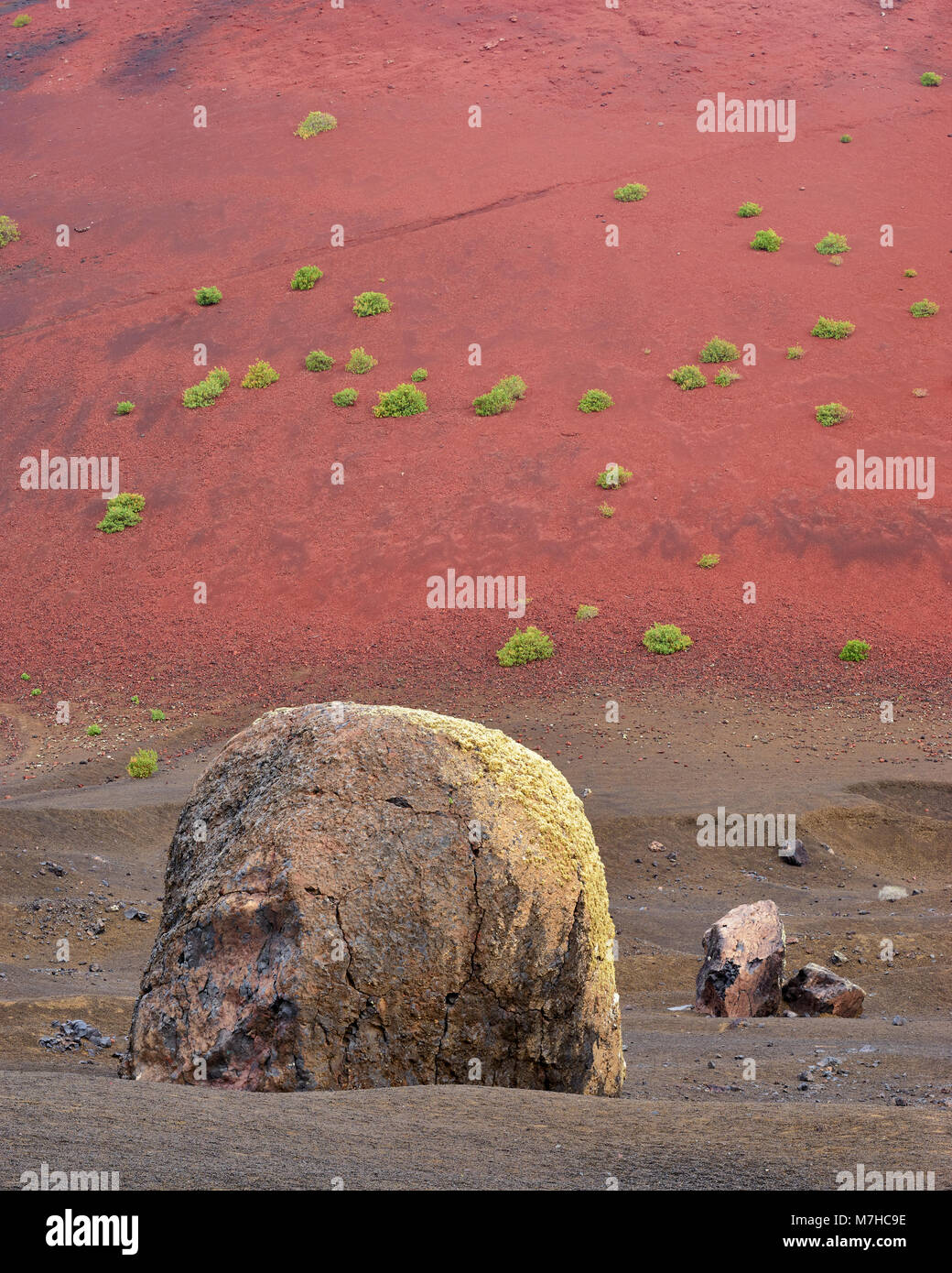 Die Weltgrößte vulkanische Bombe und die Caldera Colorada, Lanzarote, Kanarische Inseln, Spanien Stockfoto