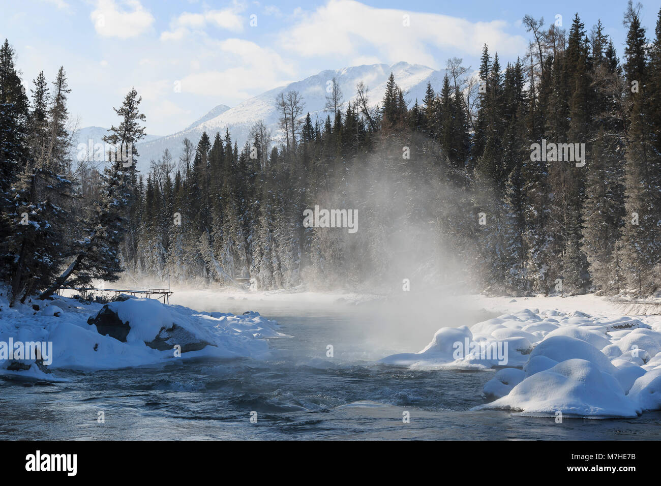 Kanas, See,,, yue lang, Winter, Eis, Crescent Moon bend, Herbst, blau, Pinie, hemu Dorf, Urumqi, Kanas Fluss Stockfoto