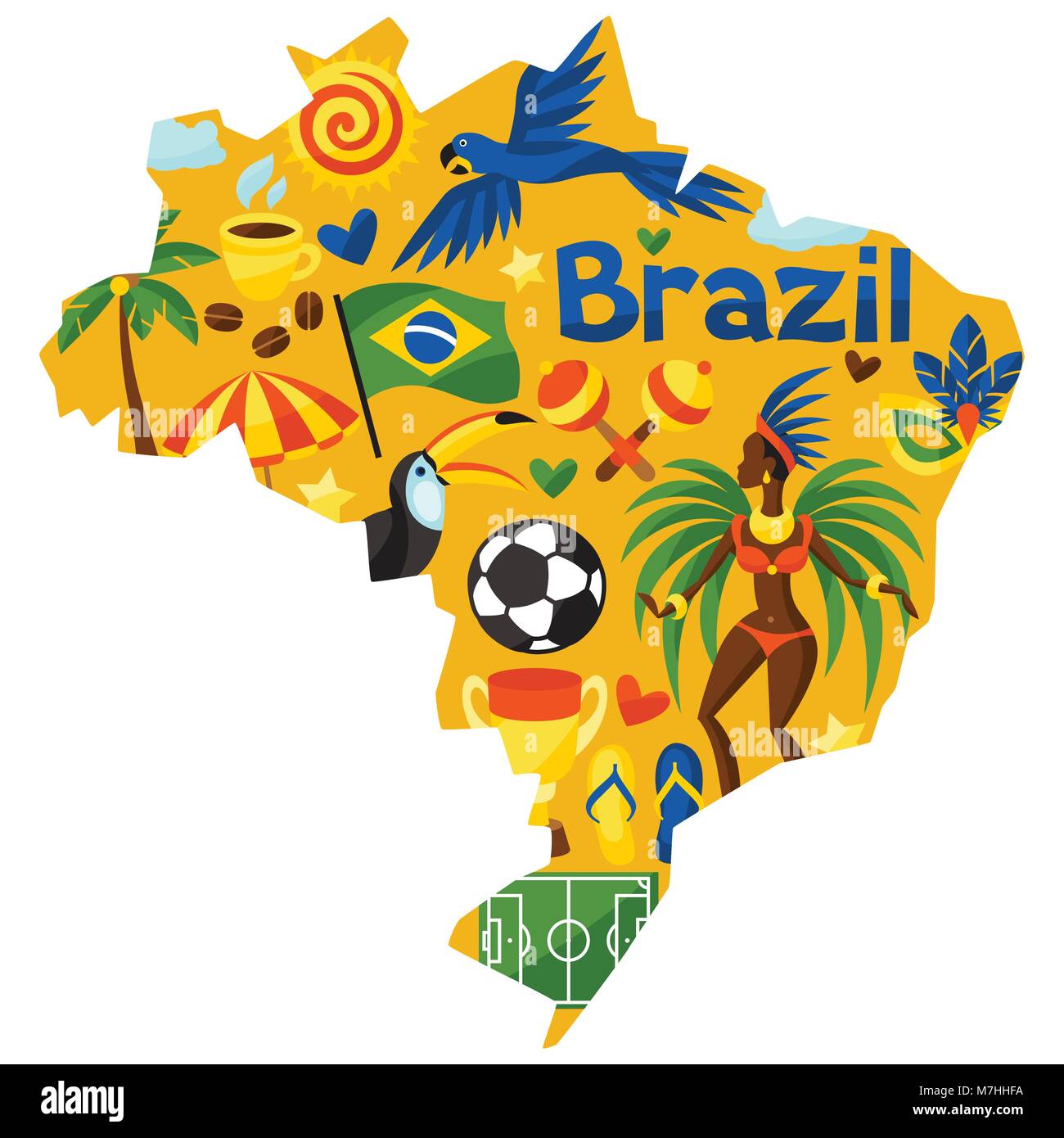 Brasilien Karte mit stilisierten Objekten und kulturelle Symbole Stock Vektor