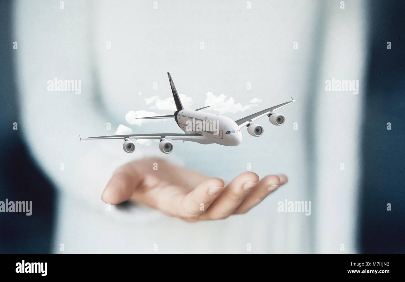 Flugzeug auf Hand, Konzept der Urlaub oder Business arbeiten Stockfoto