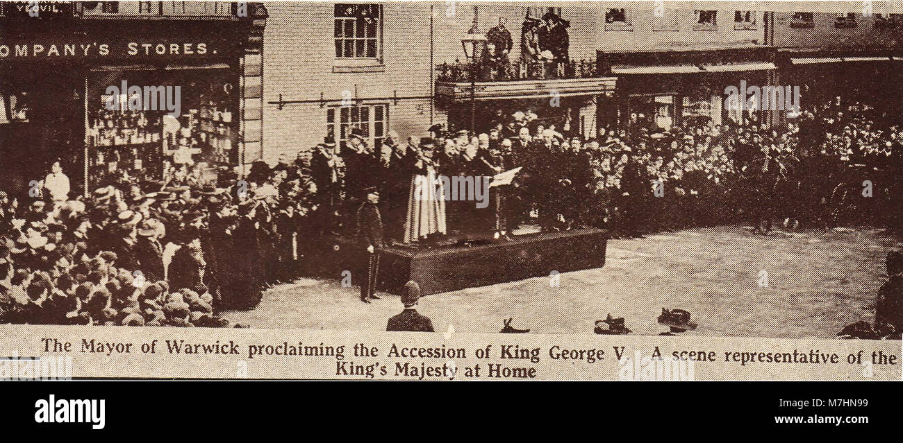 1910 aktuelles Foto, der Bürgermeister von Warwick Verkündigung der Thronbesteigung von König George V. von Großbritannien Stockfoto