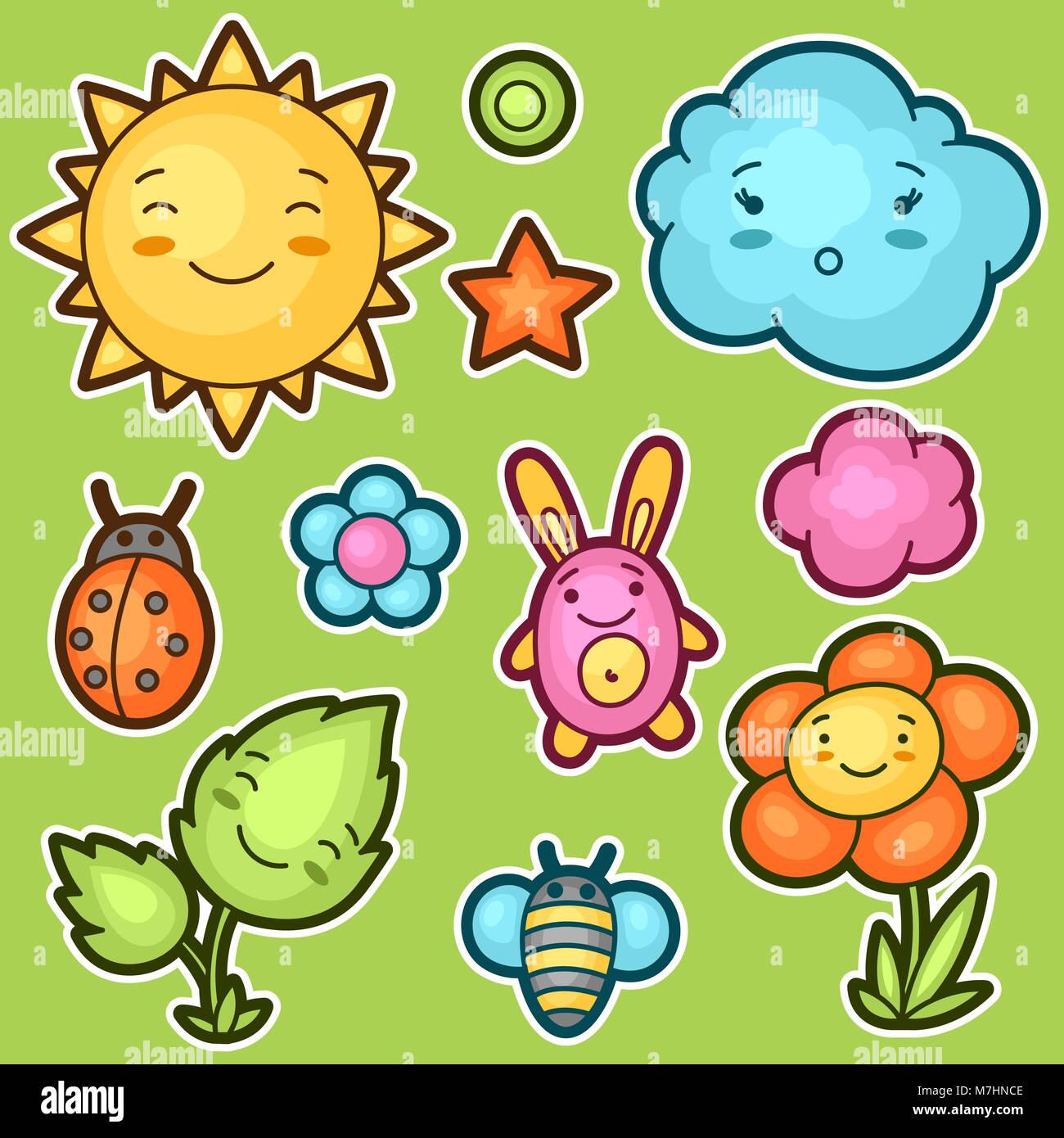 Satz von kawaii Doodles mit verschiedenen Gesichtsausdrücke. Frühjahrskollektion fröhliche Zeichentrickfiguren Sonne, Wolke, Blume, Blatt, Käfer und dekorative Objekte Stock Vektor