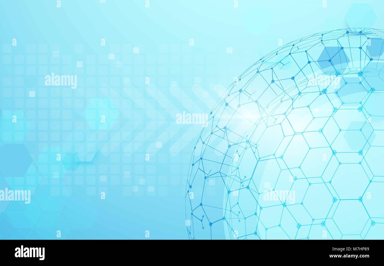 Globales Netzwerk mit Weltkarte und Linien und Dreiecken, Punkt anschließen Netzwerk auf blauem Hintergrund. Abbildung: Vektor Stock Vektor