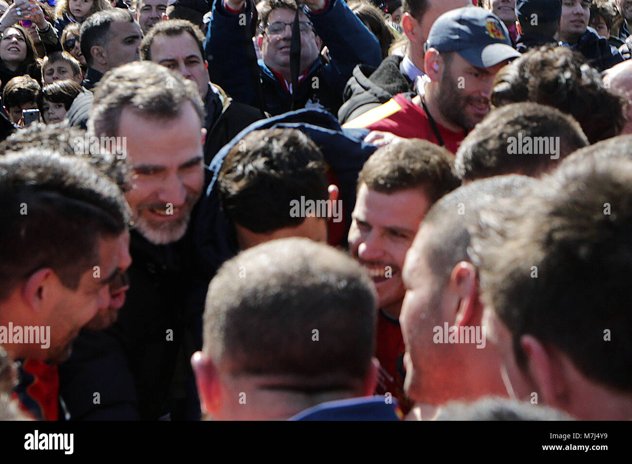 Madrid, Spanien. 11. März, 2018. Spanischen König Felipe VI während des Spiels von Rugby zwischen Spanien gegen Deutschland in der Zentrale der Complutense Madrid am Sonntag, dem 11. März 2018. Spanien gewann (84-10) Deutschland. Credit: Gtres Información más Comuniación auf Linie, S.L./Alamy leben Nachrichten Stockfoto