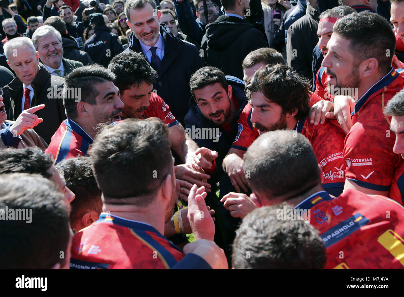 Madrid, Spanien. 11. März, 2018. Spanischen König Felipe VI während des Spiels von Rugby zwischen Spanien gegen Deutschland in der Zentrale der Complutense Madrid am Sonntag, dem 11. März 2018. Spanien gewann (84-10) Deutschland. Credit: Gtres Información más Comuniación auf Linie, S.L./Alamy leben Nachrichten Stockfoto