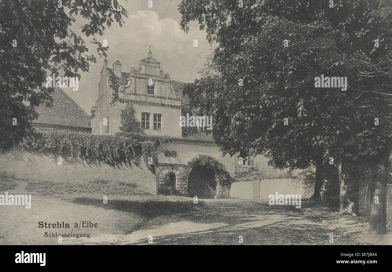 Das Bild zeigt den Eingang zu einer Burg in Strehla, Sachsen, und hebt die architektonischen Details und die historische Bedeutung des Bauwerks in der Region Sachsen hervor. Stockfoto