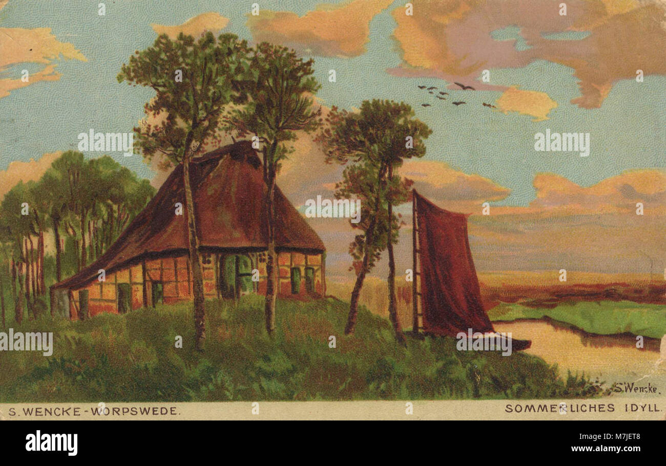 Worpswede, in Niedersachsen gelegen, ist in einer Sommeridyllik-Szene dargestellt und zeigt die friedliche und malerische Landschaft, die typisch für dieses ländliche deutsche Dorf ist. Stockfoto