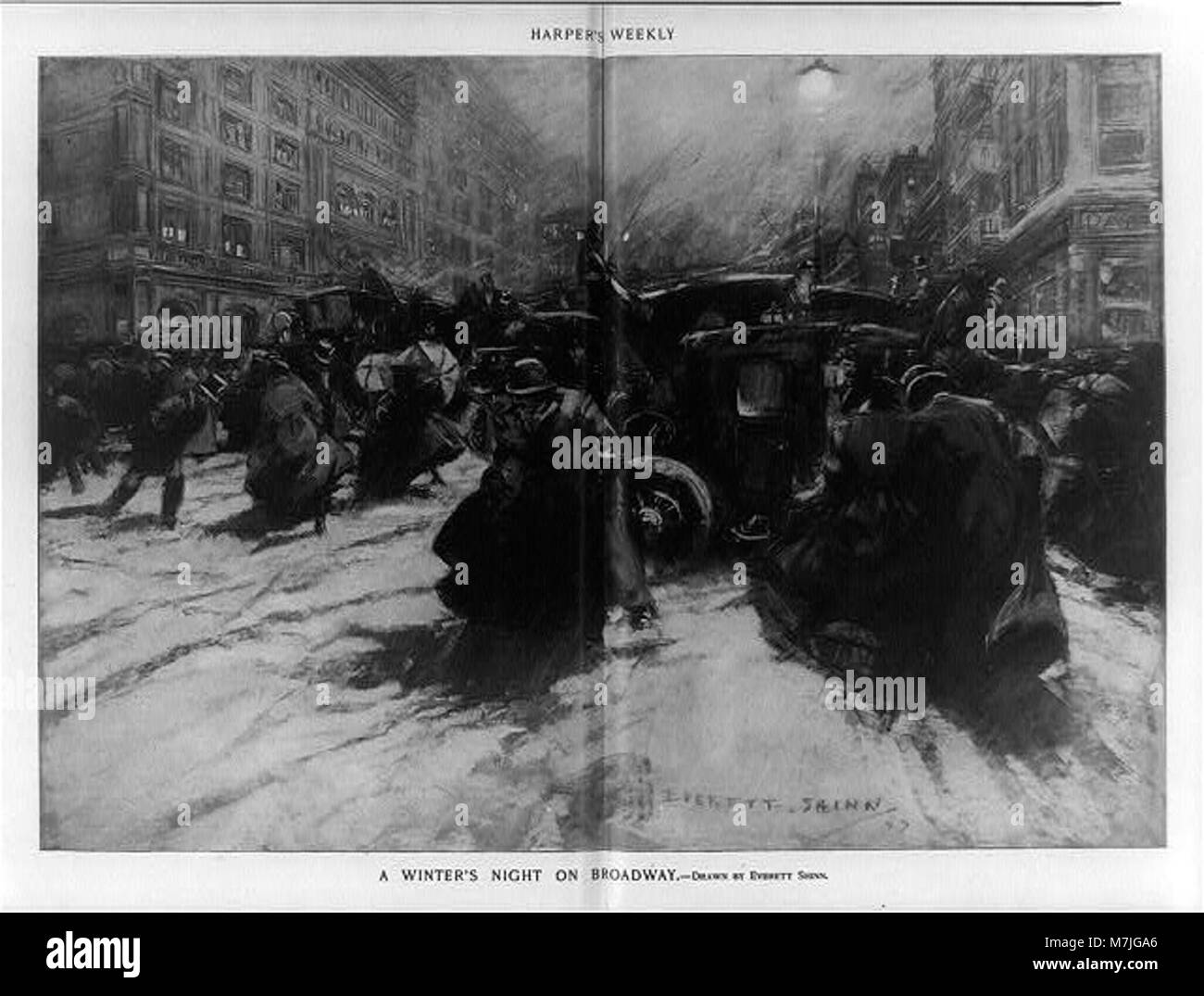 Dieses Foto fängt eine lebendige Szene am Broadway während einer Winternacht ein und zeigt die beleuchteten Straßen und die lebhafte Atmosphäre von New York City bei Nacht. Stockfoto