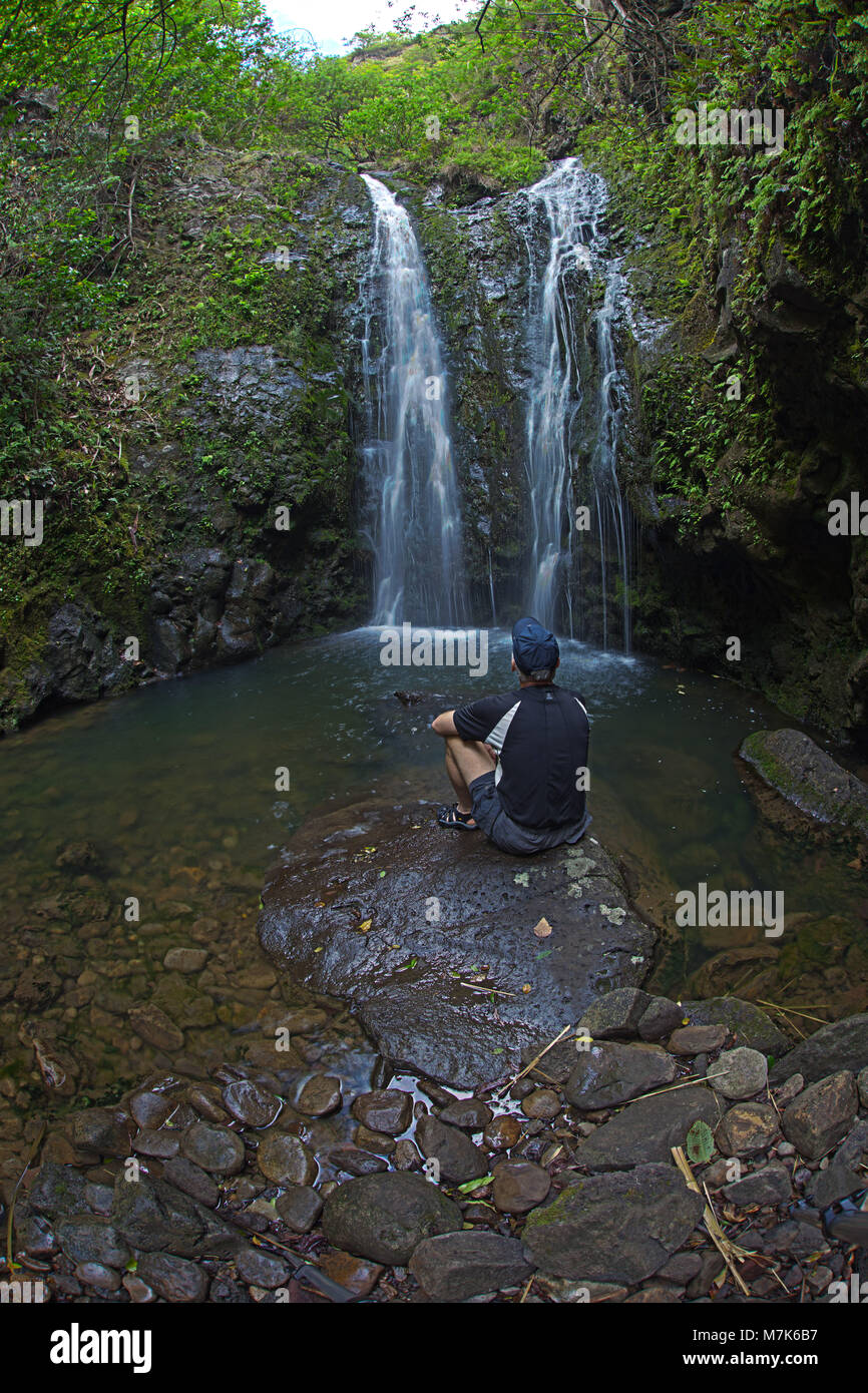 Wanderer (MR) an einem Wasserfall in der West Maui Mountains, Hawaii. Stockfoto