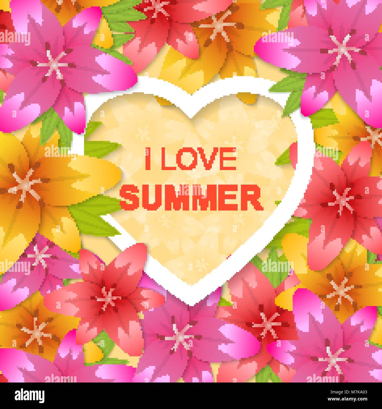 Ich liebe den Sommer. Ein Rahmen in Form des Herzens gegen Blumen Lilien für Einladungskarten, Poster, Banner. Vector Illustration. Stock Vektor