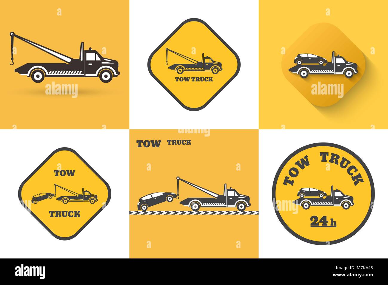 Satz von Abschleppwagen Symbol. Rund um die Uhr Evakuierung von Autos. Design kann als ein Logo, ein Poster, Werbung, singboard verwendet werden. Vektor Element der Grafik d Stock Vektor