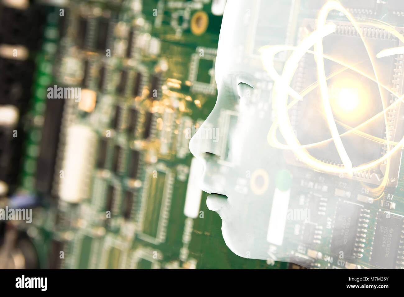 Quantum super Computer der Zukunft Technologie und Internet der Dinge Konzept. Künstliche Intelligenz Roboter, Leiterplatte CPU Prozessor Chipsatz, scienc Stockfoto