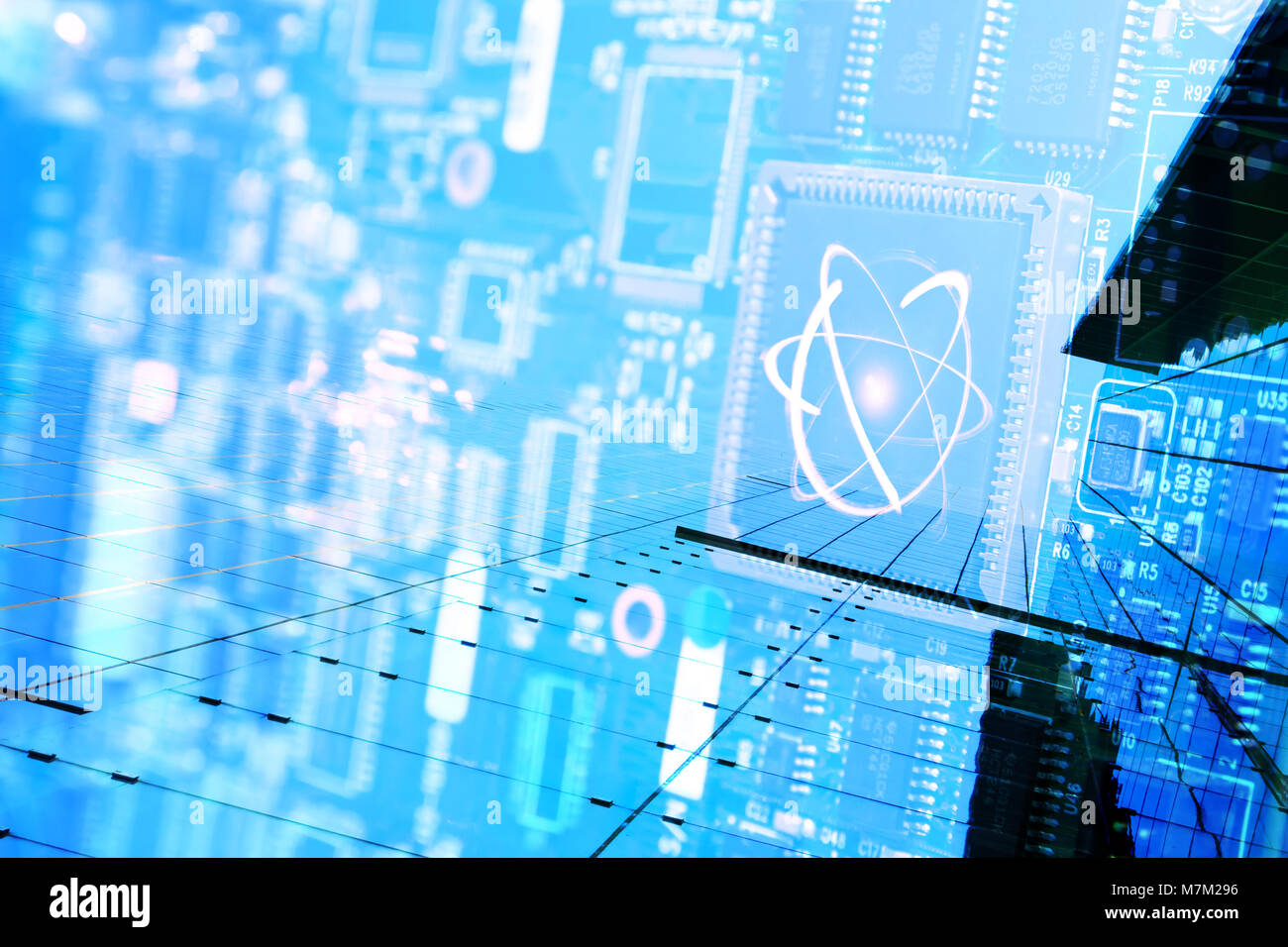 Quantum super Computer der Zukunft Technologie und Internet der Dinge Konzept. Künstliche Intelligenz Leiterplatte CPU Prozessor Chipsatz, Wissenschaft gelb Stockfoto