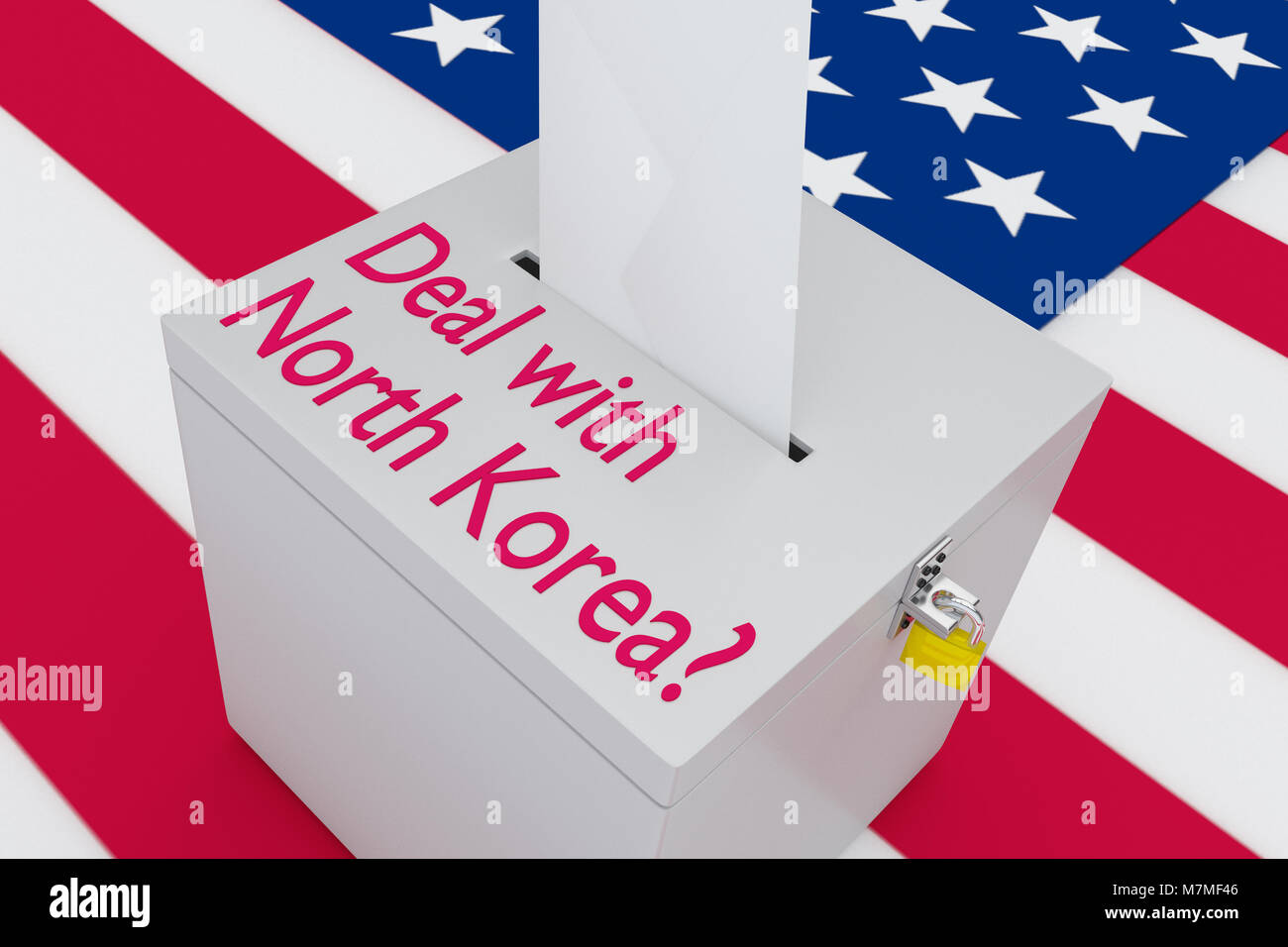 3D-Darstellung der Deal mit Nordkorea? Skript von einer Wahlurne, mit US-Flagge als Hintergrund. Stockfoto