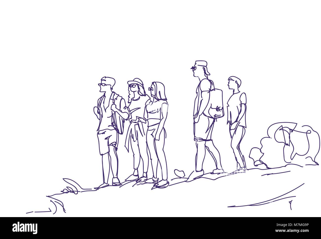 Skizze Gruppe von Reisenden Menschen mit Rucksäcken Hand gezeichnet Abstrakte Wanderer Touristen Team Stock Vektor