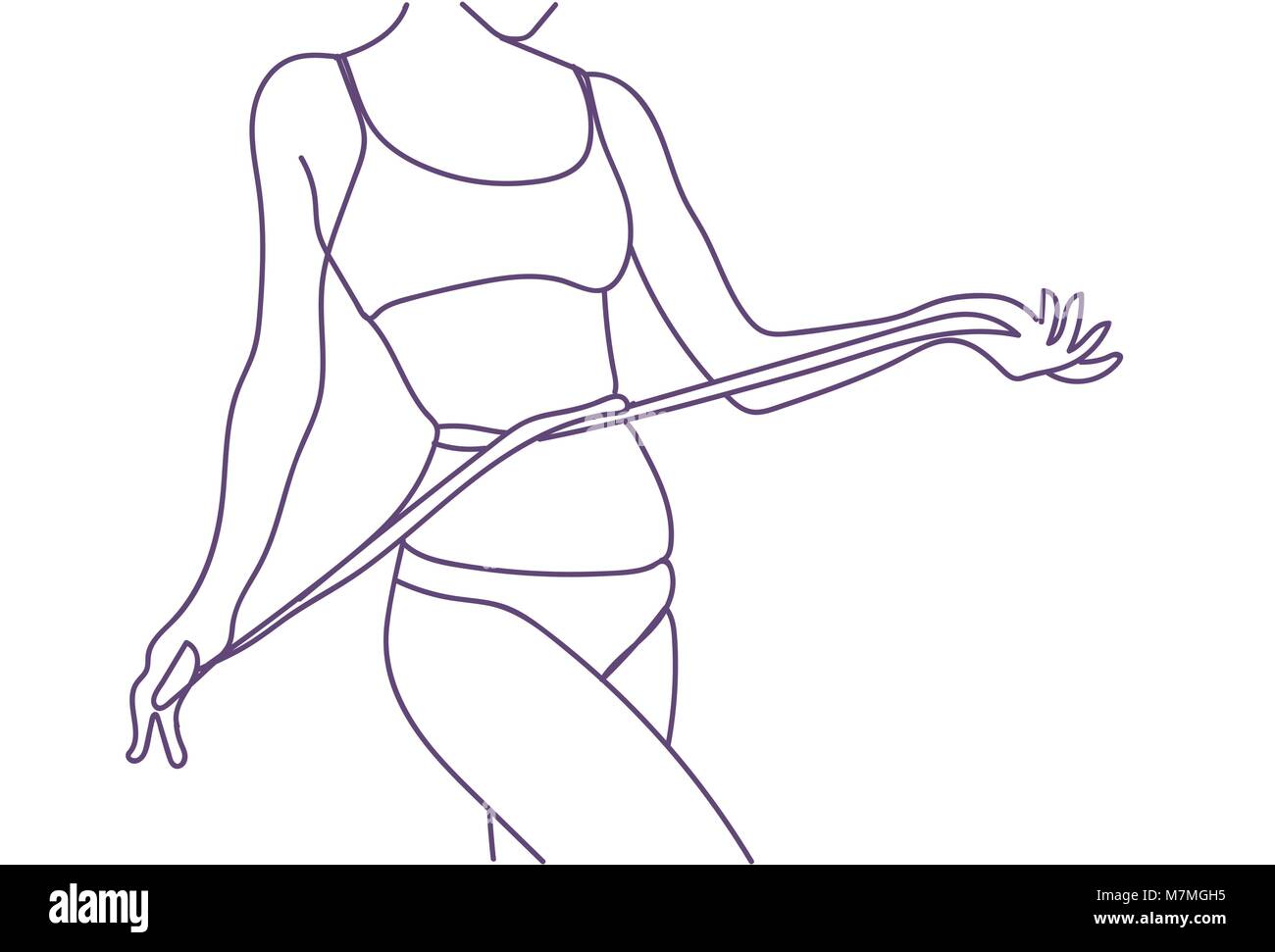 Passende Frau Messen Taille, Gewichtsreduktion, Diät, gesunde Doodle Körper Closeup Stock Vektor