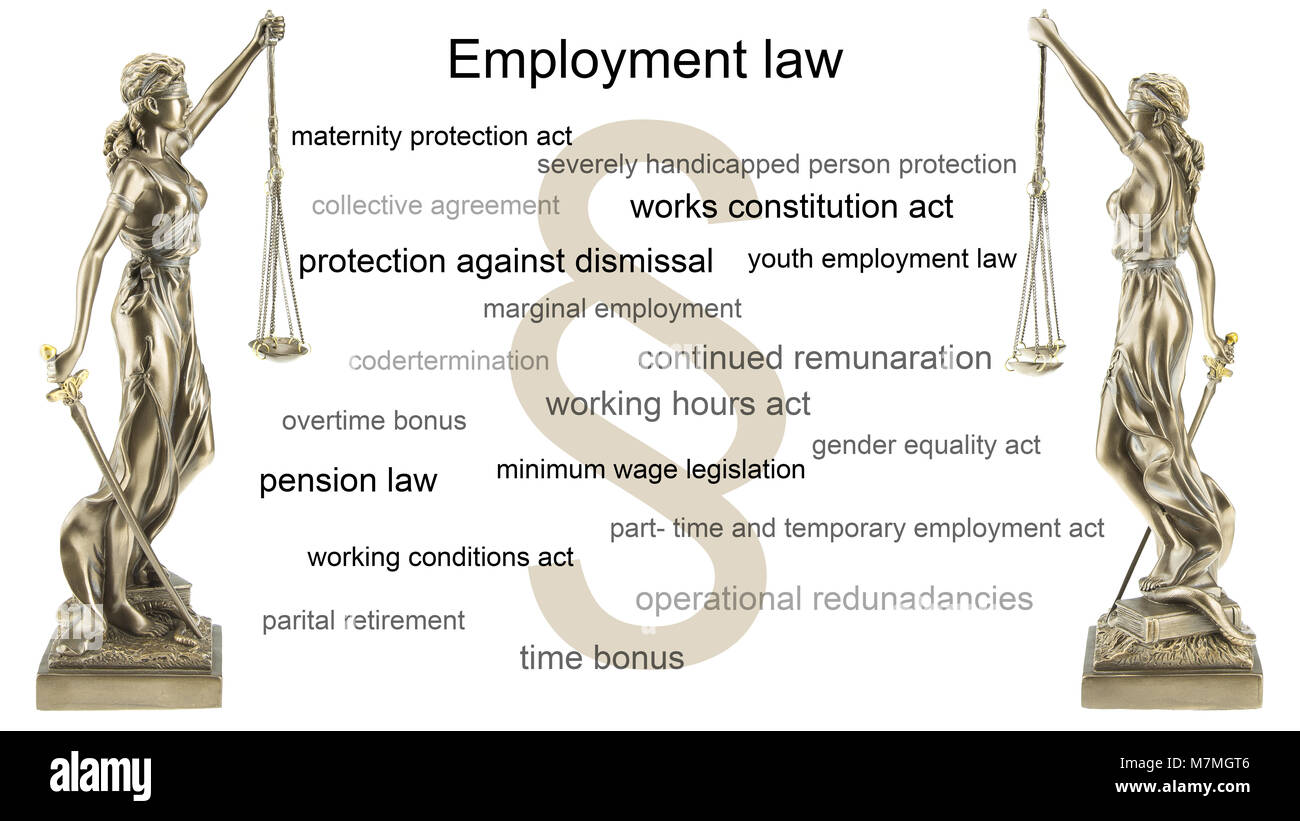 Arbeitsrecht - zwei Gerechtigkeit Statuen in Seitenansicht mit Worten aus dem Thema Arbeitsrecht Stockfoto