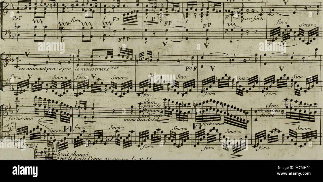 Eine Musicalpartitur aus dem Jahr 1795 mit dem Titel „Andante du célèbre Haydn“, arrangiert für Harfe mit optionaler Violinbegleitung, die klassische Musik des späten 18. Jahrhunderts repräsentiert. Stockfoto