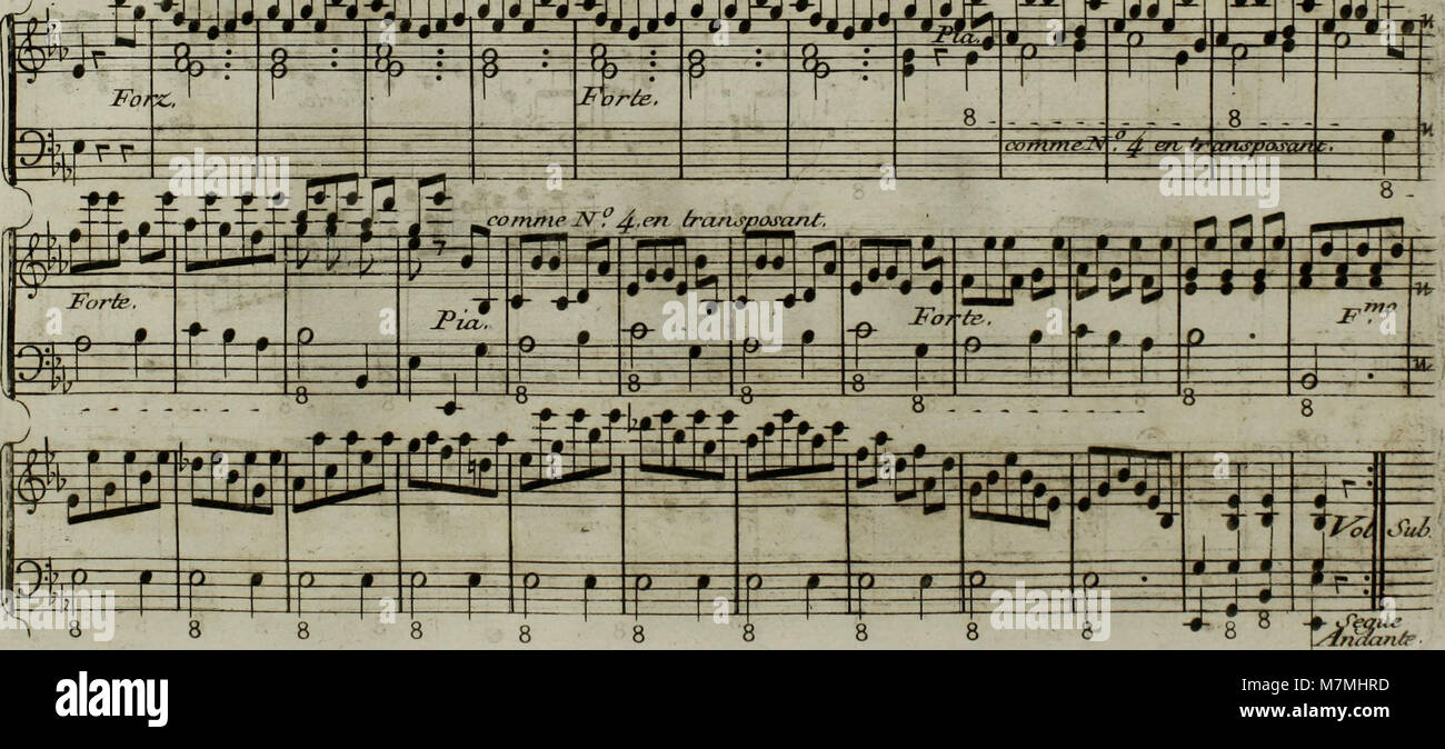 Die Musicalpartitur Andante du célèbre Haydn aus dem Jahr 1795 ist für Harfe mit optionaler Violinbegleitung arrangiert und zeigt eine klassische Komposition, die für kammermusikalische Aufführungen angepasst ist. Stockfoto