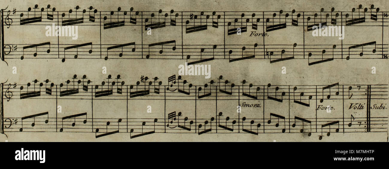 Diese Notenschrift aus dem Jahr 1795 enthält eine Bearbeitung von Joseph Haydns Andante für Harfe mit optionaler Violinbegleitung, die Kammermusik des späten 18. Jahrhunderts repräsentiert. Stockfoto