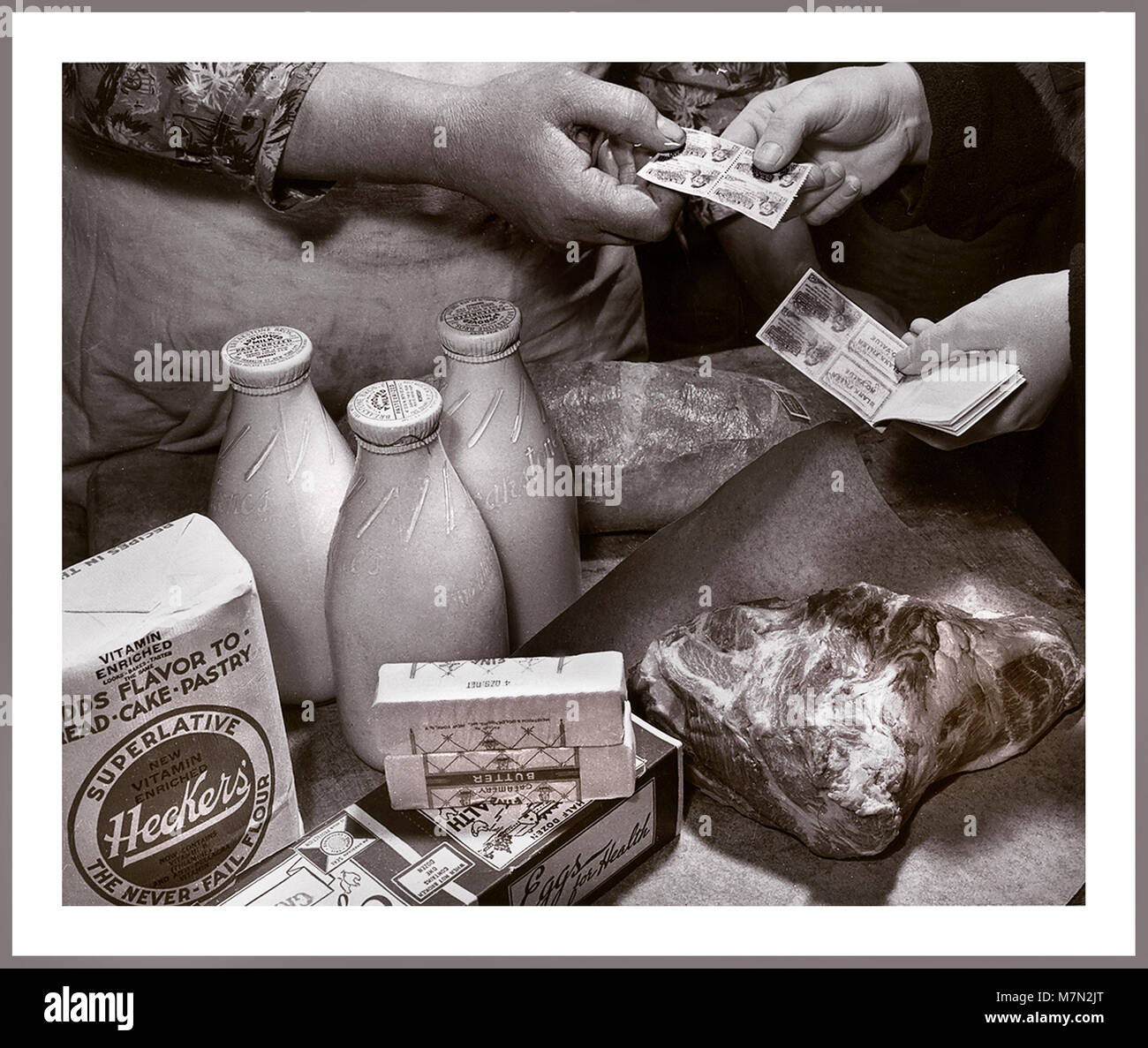WW 1940 2 amerikanischen Informationen propaganda Bild von Essensmarken im Einsatz bei der Rationierung in den USA während des Zweiten Weltkrieges 2. Stockfoto