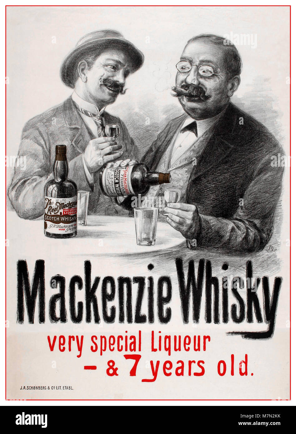 WHISKY OLD Vintage 1898 Original antik Whisky Drinks Werbeplakat für 'Makenzie Whisky ganz besonderer Likör & 7 Jahre alt' mit zwei Herren, die ein Glas Mackenzie Whisky genießen. Gedruckt bei J. A. Schonberg, & Co., lit., Etabl. Dänemark Stockfoto