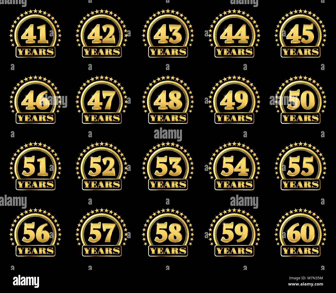 Satz von Gold Zahlen von 41 bis 60 und das Wort des Jahres mit einem Kreis von Sternen verziert. Vector Illustration. Stock Vektor