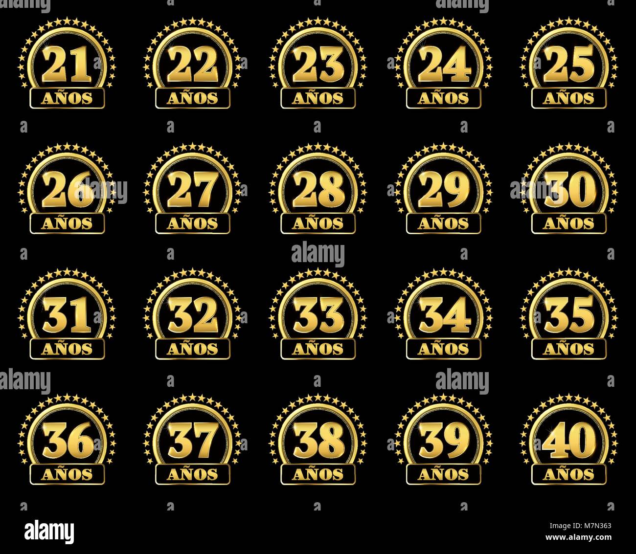 Satz Von Gold Zahlen Von 21 Bis 40 Und Das Wort Des Jahres Mit Einem Kreis Von Sternen Verziert Vector Illustration Von Spanisch Jahre Ubersetzt Stock Vektorgrafik Alamy