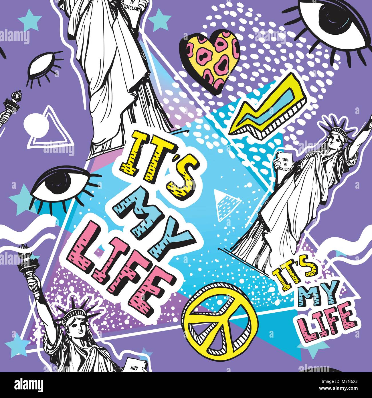 Retro Style nahtlose bunten Muster. 80 s, 80 s Drucken. Memphis Design Elemente und die Freiheitsstatue, Amerika. 80er Jahre Stil grafischer Vorlage. Osten bearbeitbare Vektorgrafiken. Stock Vektor