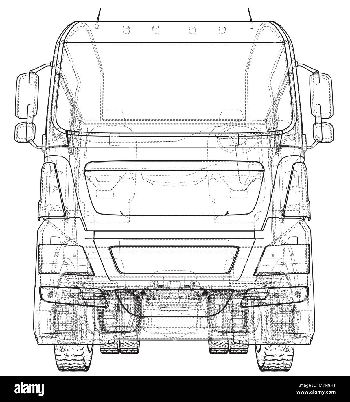 Vorderansicht Cargo Truck isoliert auf weißem Hintergrund. Eurotrucks liefern Fahrzeug Layout für Corporate Brand Identity Design. Ansicht von oben. Tracing Abbildung der 3d. EPS 10 Vector Format. Stock Vektor