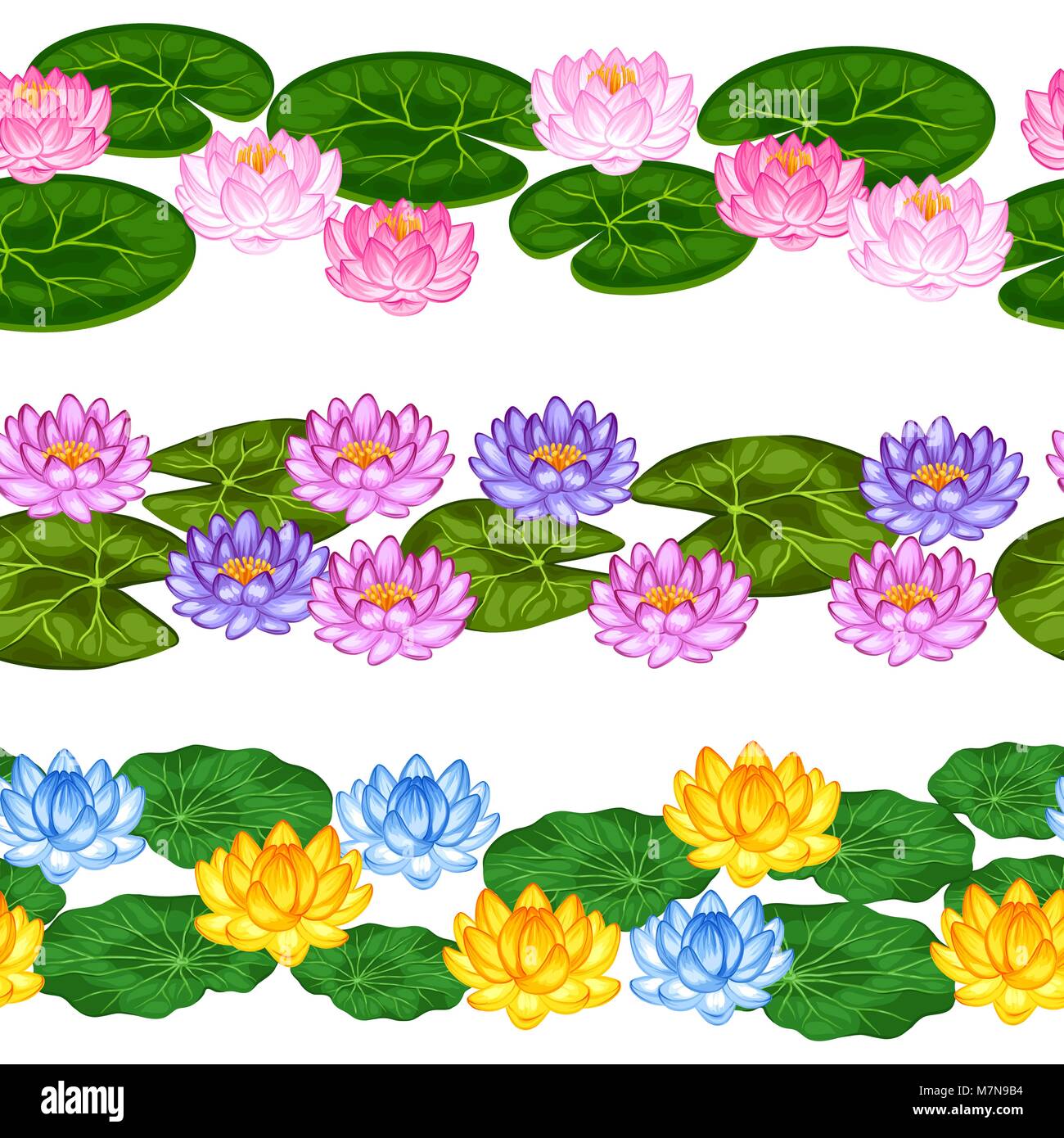 Natürliche nahtlose Grenzen mit Lotus Blumen und Blätter. Hintergrund ohne freistellungsmaske gemacht. Einfach für Hintergrund, Textil, Verpackung Papier Stock Vektor