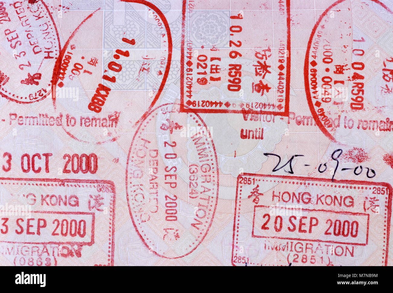 Asiatische Reisepass Seite mit verschiedenen Ein- und Ausreisestempel Stockfoto