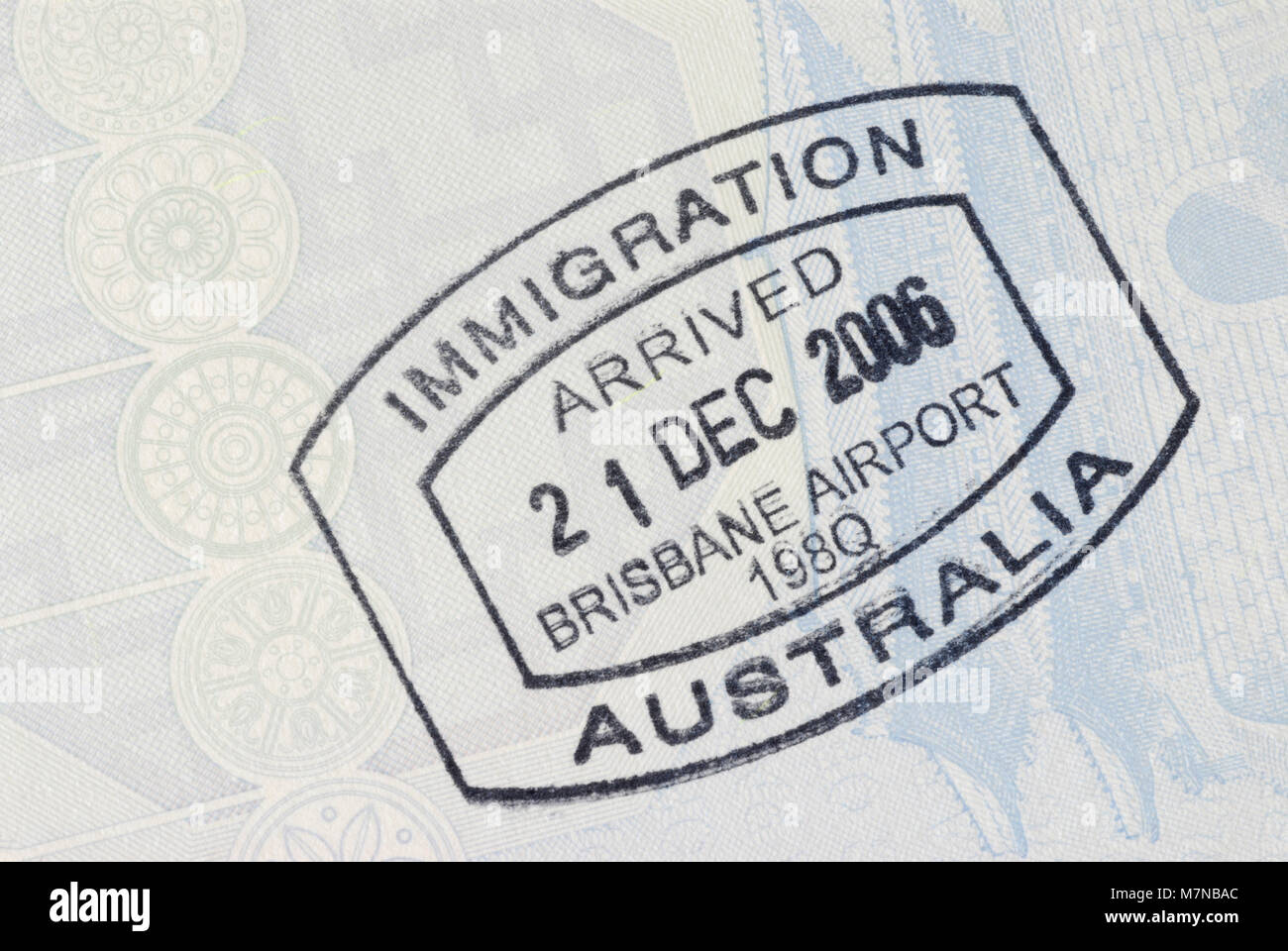 Australien Einwanderung Eingangsstempel auf der inneren Seite des Reisepasses. Platz für Kopieren. Stockfoto