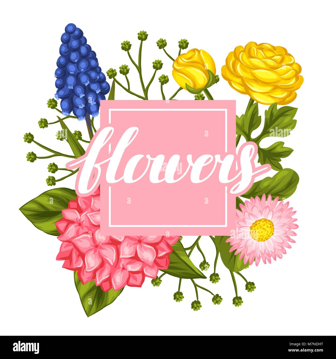 Einladungskarte mit Garten Blumen. Dekorative Hortense, Ranunkeln, muscari und Marguerite. Bild für Hochzeitseinladungen, romantische Karten, Poster Stock Vektor