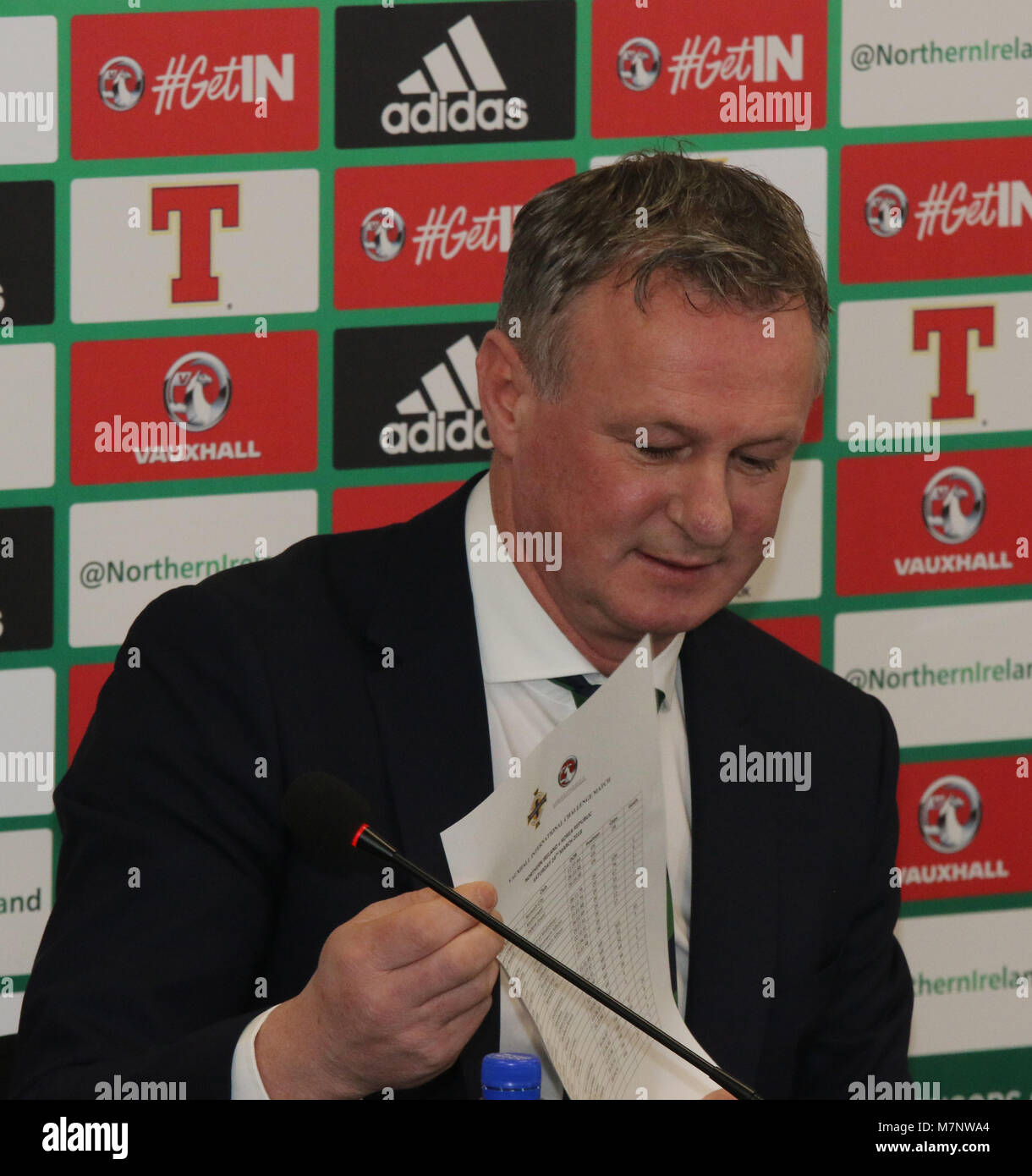 Windsor Park, Belfast, Nordirland, Großbritannien. 12. März 2018. Nordirland Manager Michael O'Neill angekündigt, seine Gruppe heute für die kommenden internationalen Freundschaftsspiel gegen Südkorea in Belfast am Samstag, den 24. März 2018. Quelle: David Hunter/Alamy Leben Nachrichten. Stockfoto