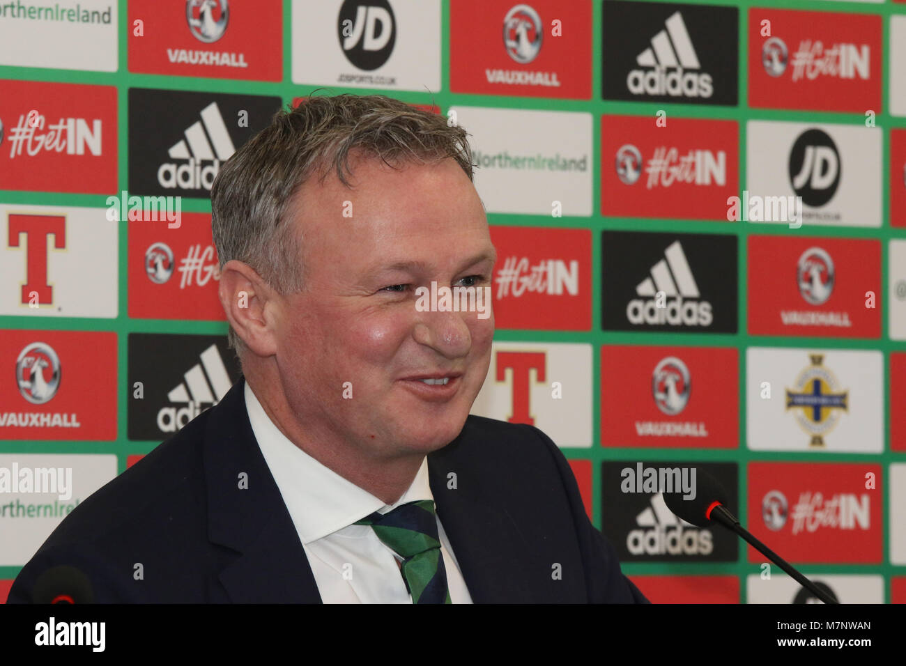 Windsor Park, Belfast, Nordirland, Großbritannien. 12. März 2018. Nordirland Manager Michael O'Neill angekündigt, seine Gruppe heute für die kommenden internationalen Freundschaftsspiel gegen Südkorea in Belfast am Samstag, den 24. März 2018. Quelle: David Hunter/Alamy Leben Nachrichten. Stockfoto