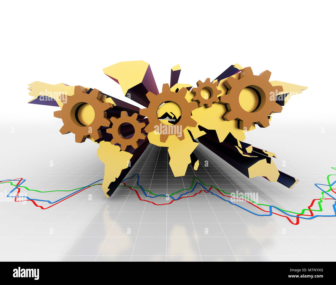 Global Finance, Weltkarte und Zahnräder Stockfoto
